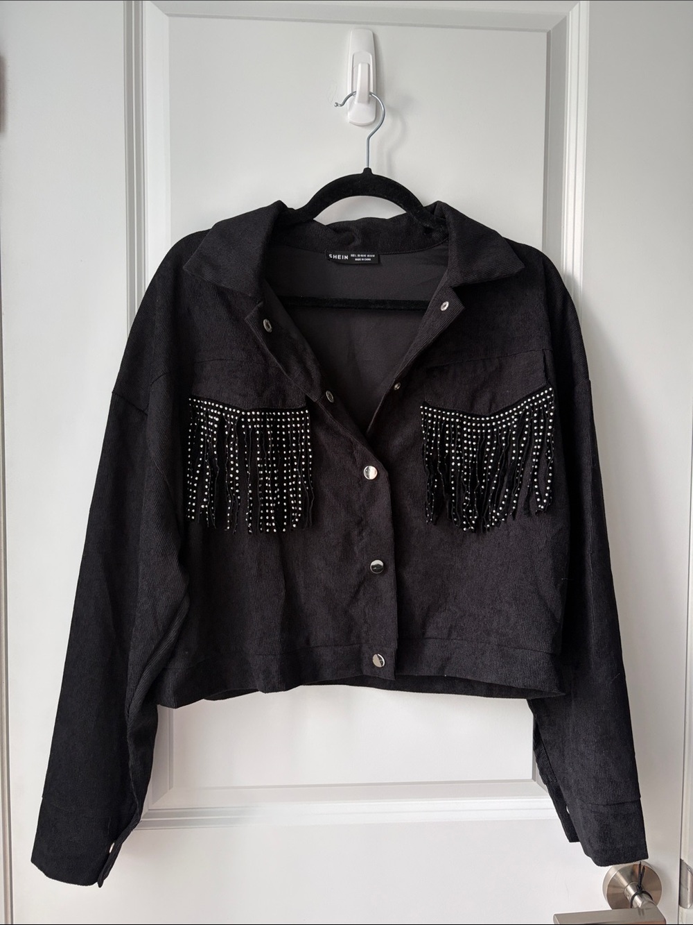 NWOT SHEIN Corduroy Black Studded Fringe Jacket